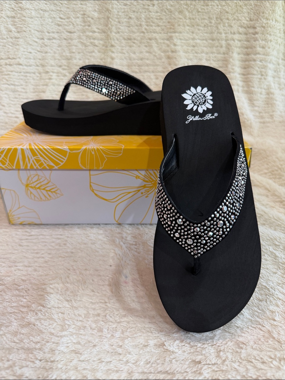 Yellow Box Black Rhinestone Wedge Sandals